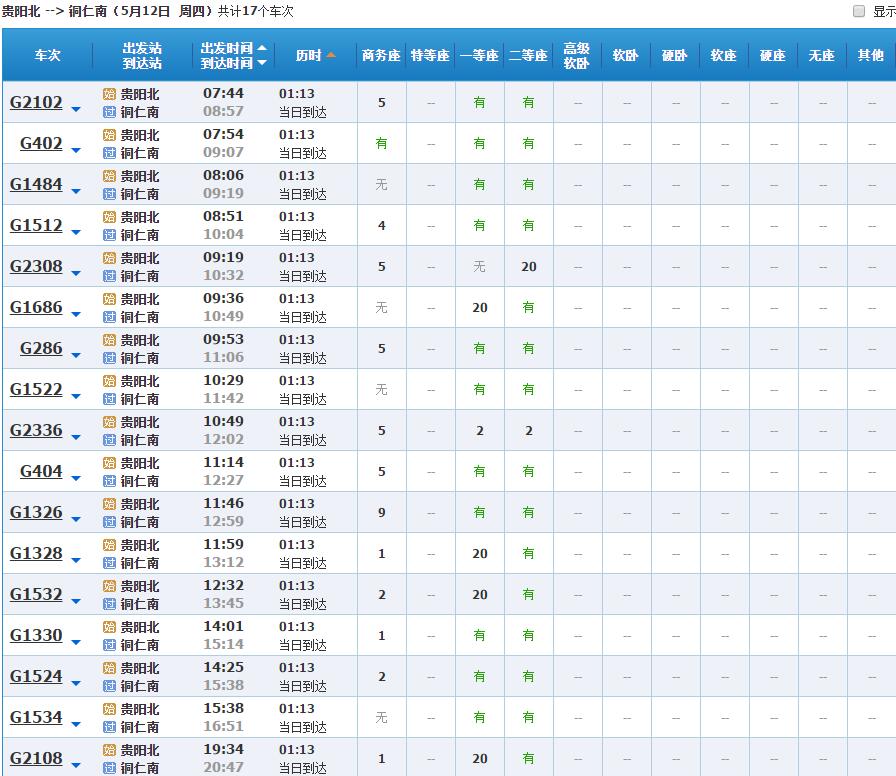 贵阳北到铜仁南5月12号高铁路时刻表-第1张-交通-答答问