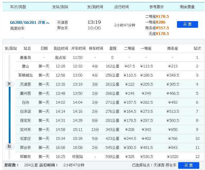 天津至邢台东站的高铁g6281列车几点到站-第1张-交通-答答问