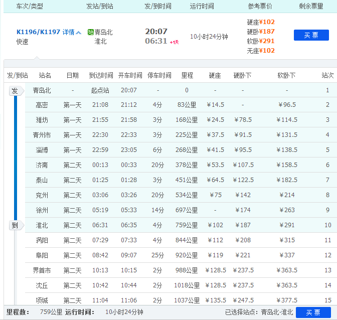 从青岛北火车站坐1196次列车到淮北途径站表-第1张-旅游-答答问