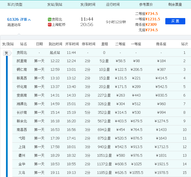 贵阳到上海虹桥高铁经过什么站G1326-第1张-交通-答答问