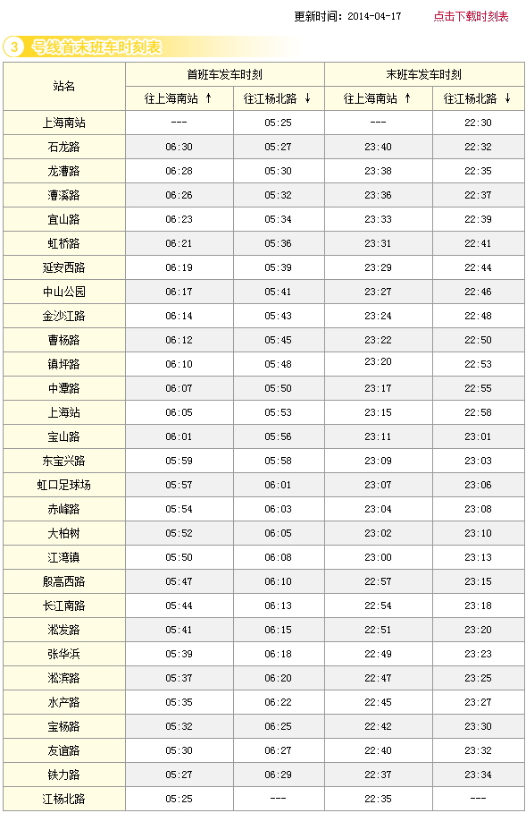 上海地铁三号线 最早班车时间-第1张-交通-答答问
