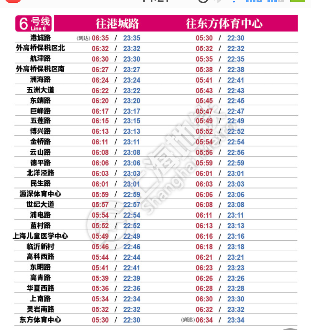 上海六号线地铁首末车时间-第1张-交通-答答问